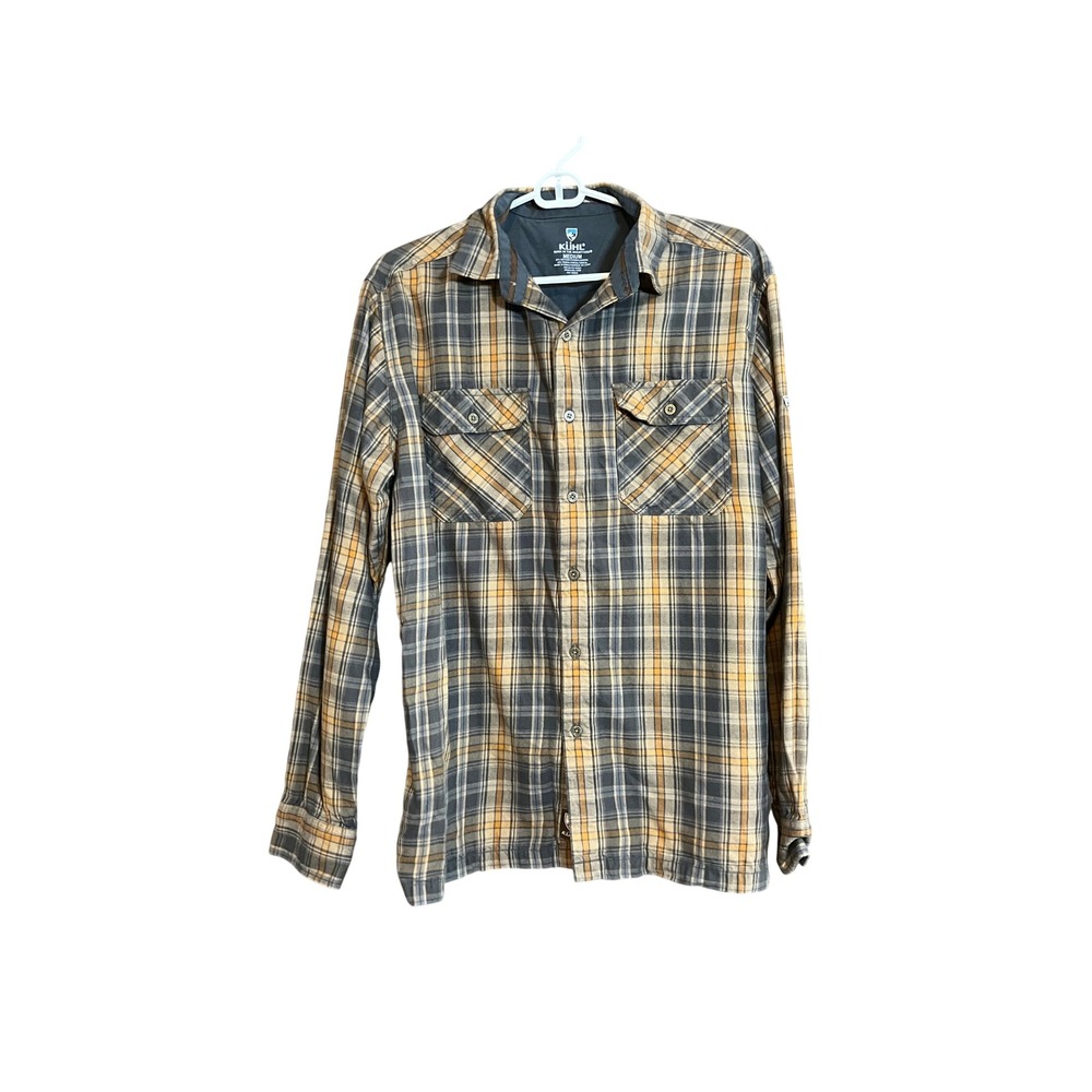 Kuhl Mens Medium Plaid Long Sleeve Button Down Shirt Grey Yellow Cotton Tencel